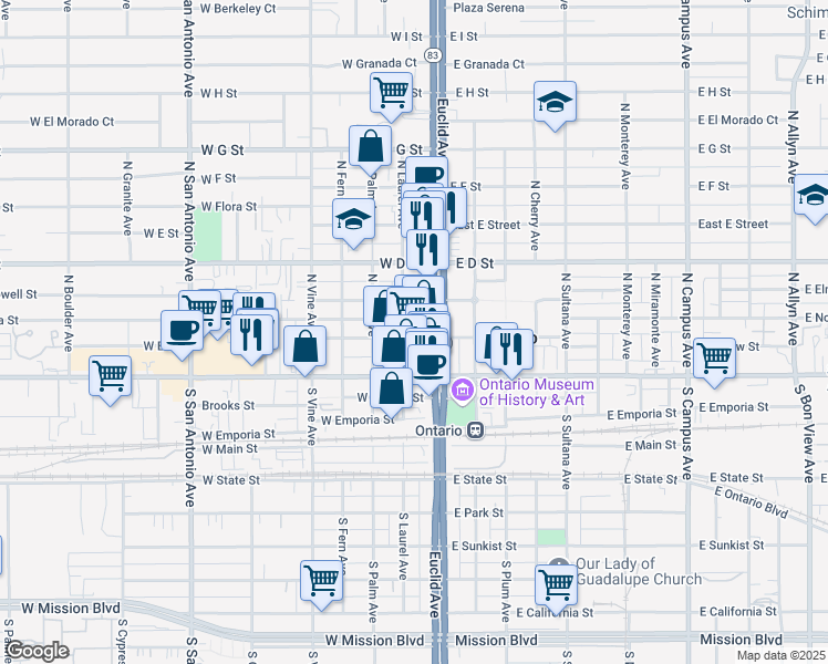 map of restaurants, bars, coffee shops, grocery stores, and more near 100 South Euclid Avenue in Ontario
