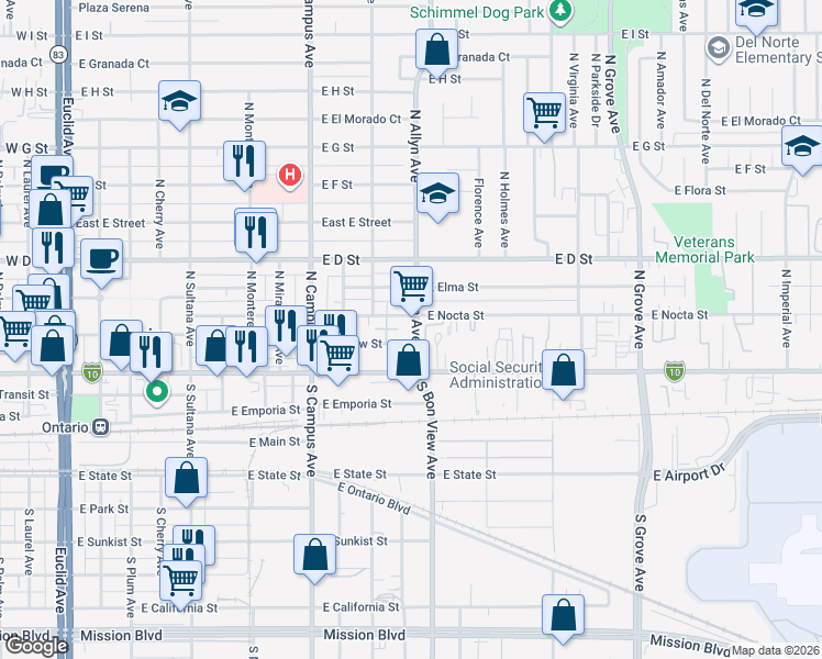 map of restaurants, bars, coffee shops, grocery stores, and more near 217 North Allyn Avenue in Ontario