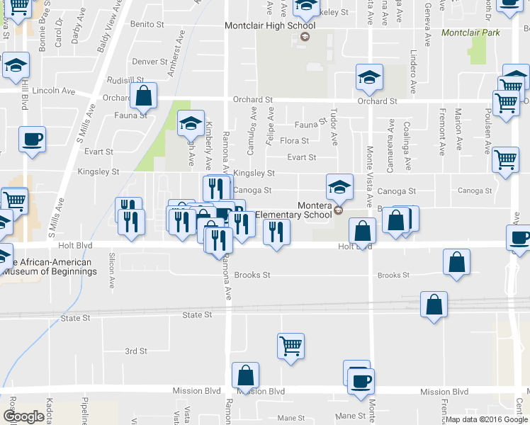 map of restaurants, bars, coffee shops, grocery stores, and more near 10408 Felipe Avenue in Montclair