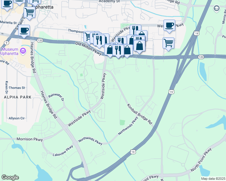 map of restaurants, bars, coffee shops, grocery stores, and more near 2620 Kentwood Lane in Alpharetta