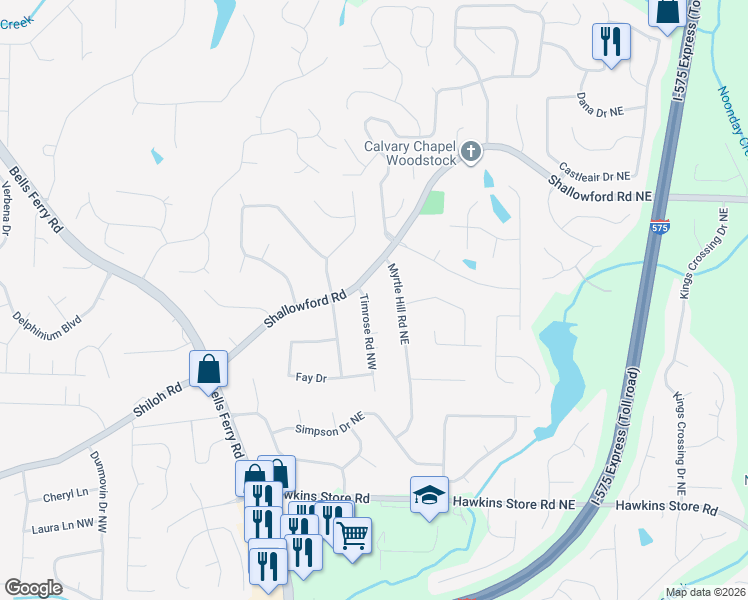 map of restaurants, bars, coffee shops, grocery stores, and more near 4637 Myrtle Hill Road Northeast in Kennesaw