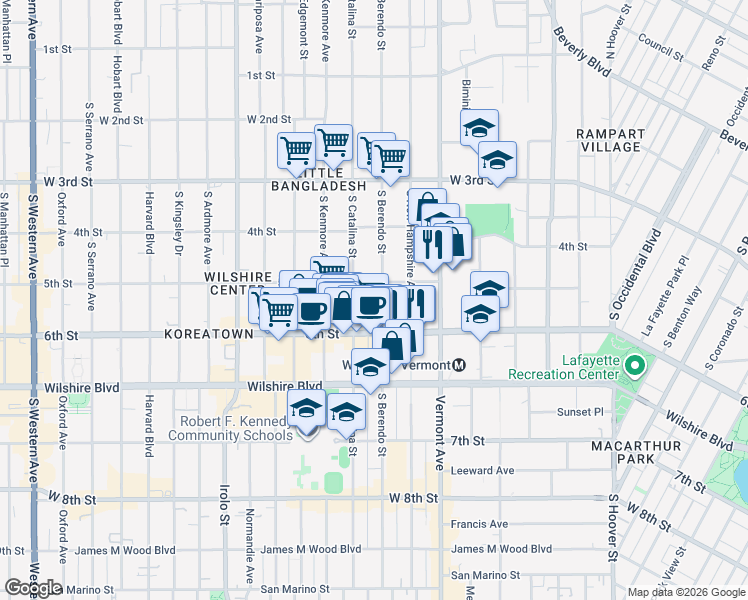 map of restaurants, bars, coffee shops, grocery stores, and more near 525 South Berendo Street in Los Angeles
