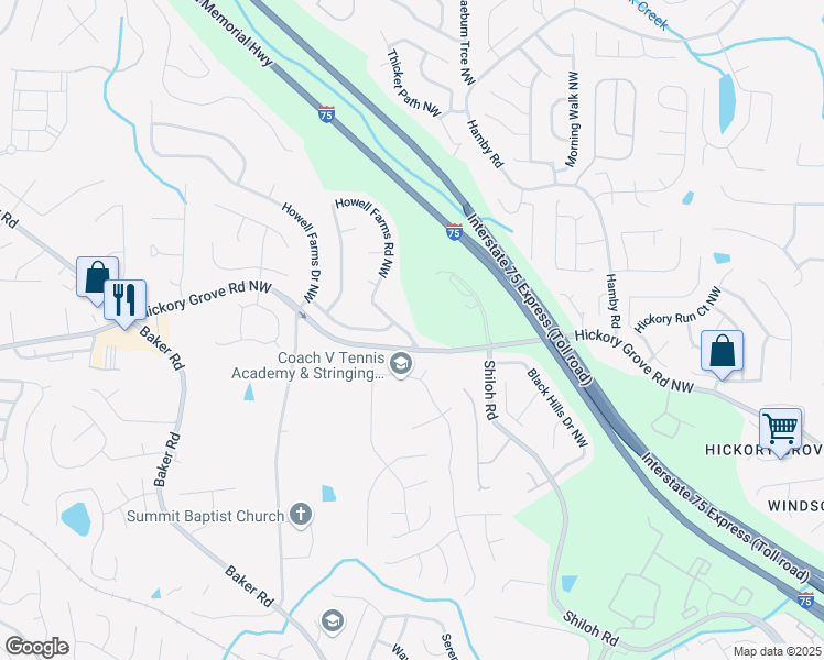 map of restaurants, bars, coffee shops, grocery stores, and more near 4585 Howell Farms Road Northwest in Acworth