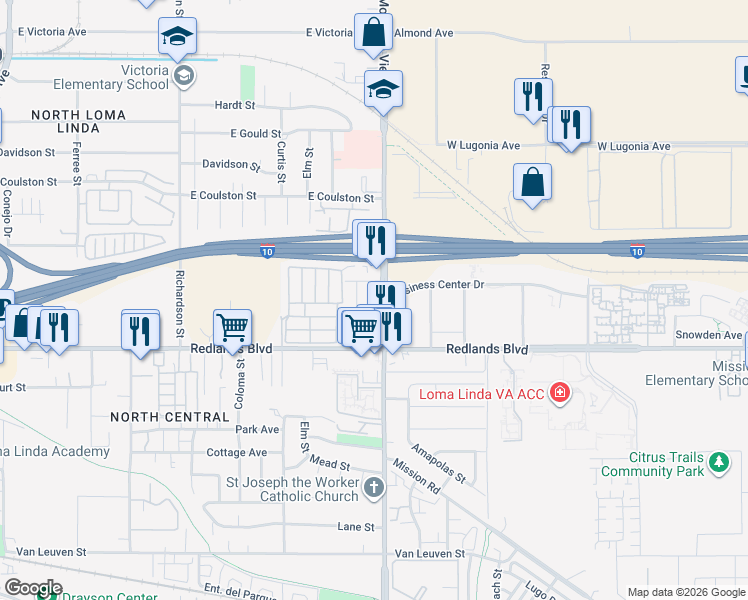 map of restaurants, bars, coffee shops, grocery stores, and more near 10385 Spade Drive in Loma Linda