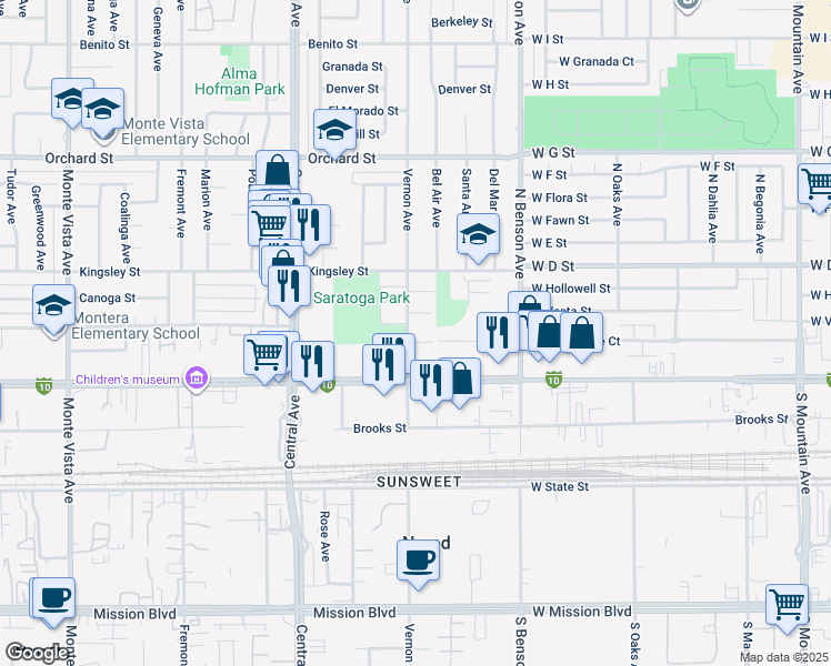 map of restaurants, bars, coffee shops, grocery stores, and more near 10390 Vernon Avenue in Montclair