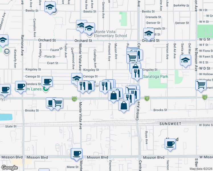 map of restaurants, bars, coffee shops, grocery stores, and more near 5089 Bandera Street in Montclair