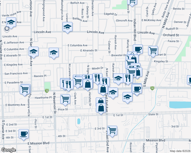 map of restaurants, bars, coffee shops, grocery stores, and more near 1214 Morning Sun Drive in Pomona