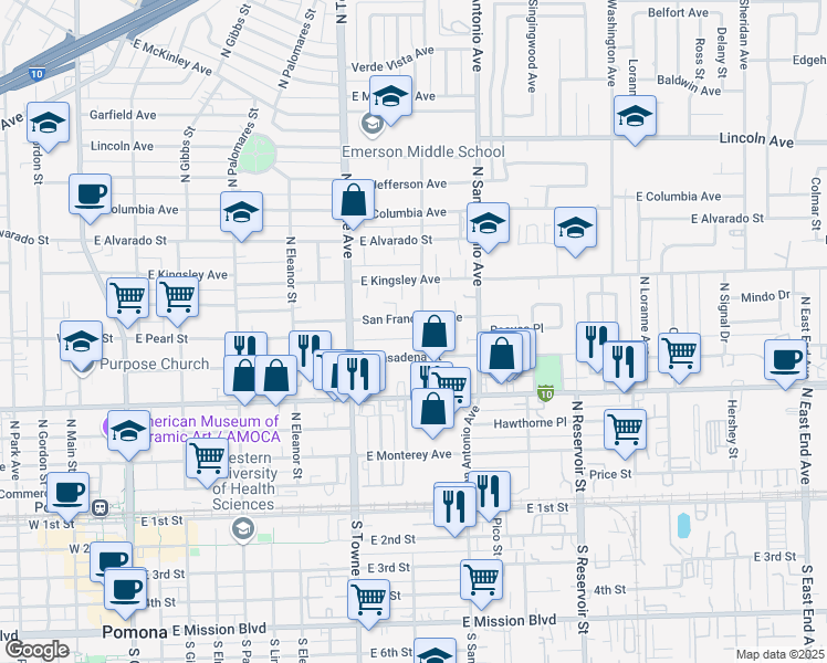 map of restaurants, bars, coffee shops, grocery stores, and more near 678 San Francisco Avenue in Pomona