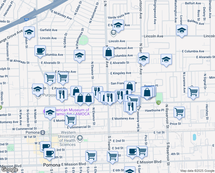 map of restaurants, bars, coffee shops, grocery stores, and more near 610 San Francisco Avenue in Pomona