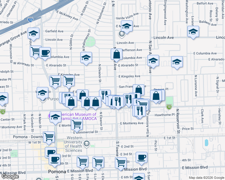 map of restaurants, bars, coffee shops, grocery stores, and more near 562 San Francisco Avenue in Pomona