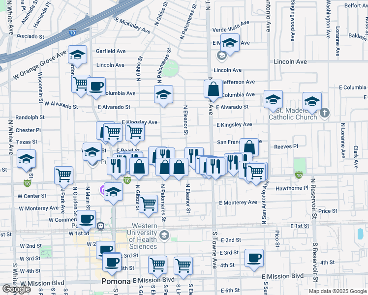 map of restaurants, bars, coffee shops, grocery stores, and more near 743 North Eleanor Street in Pomona