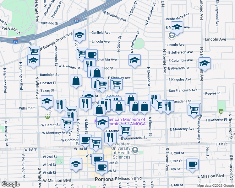 map of restaurants, bars, coffee shops, grocery stores, and more near 745 North Gibbs Street in Pomona