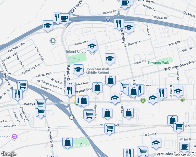 map of restaurants, bars, coffee shops, grocery stores, and more near 936 Prock Street in Pomona