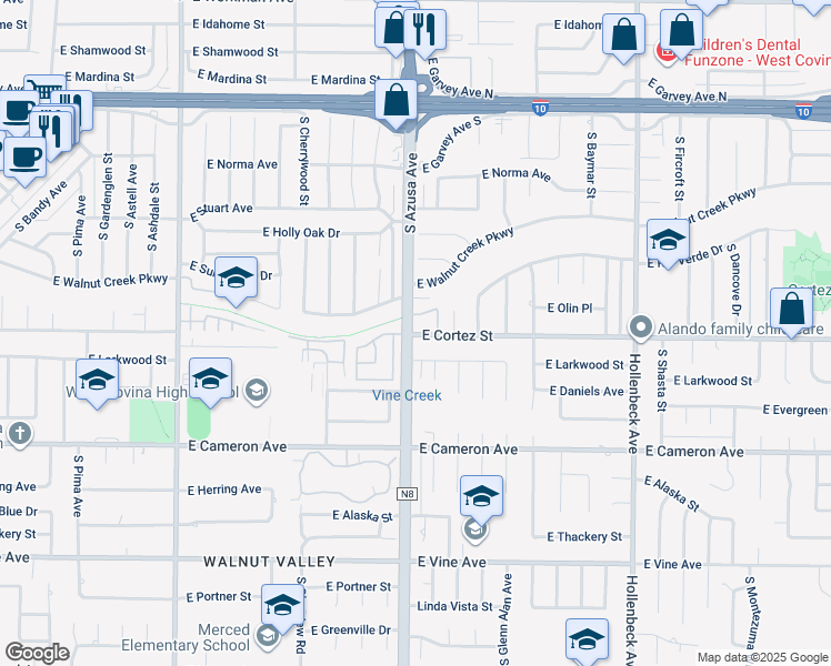 map of restaurants, bars, coffee shops, grocery stores, and more near 1801 East Cortez Street in West Covina