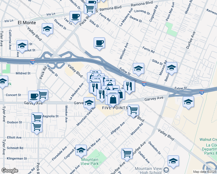map of restaurants, bars, coffee shops, grocery stores, and more near 3141 Mountain View Road in El Monte