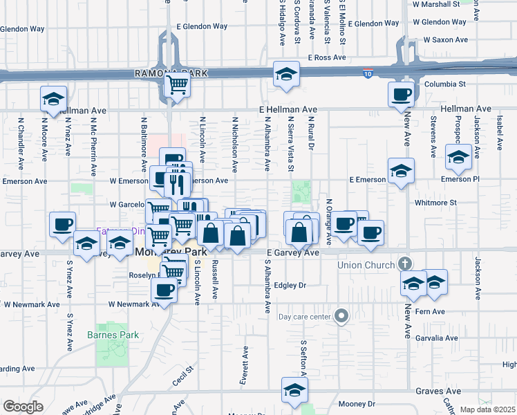 map of restaurants, bars, coffee shops, grocery stores, and more near 301 North Alhambra Avenue in Monterey Park