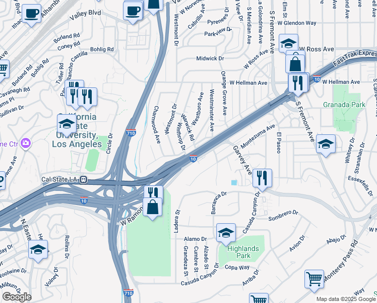 map of restaurants, bars, coffee shops, grocery stores, and more near 2437 Winthrop Drive in Alhambra