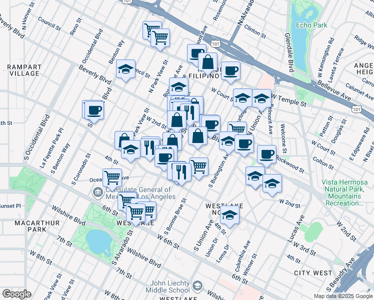 map of restaurants, bars, coffee shops, grocery stores, and more near 152 South Mountain View Avenue in Los Angeles