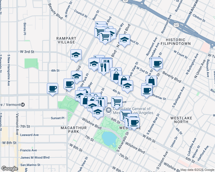 map of restaurants, bars, coffee shops, grocery stores, and more near 314 South Coronado Street in Los Angeles