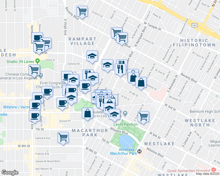 map of restaurants, bars, coffee shops, grocery stores, and more near 400 South La Fayette Park Place in Los Angeles