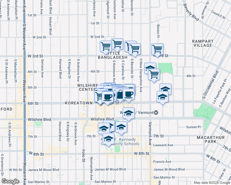 map of restaurants, bars, coffee shops, grocery stores, and more near 510 South Kenmore Avenue in Los Angeles