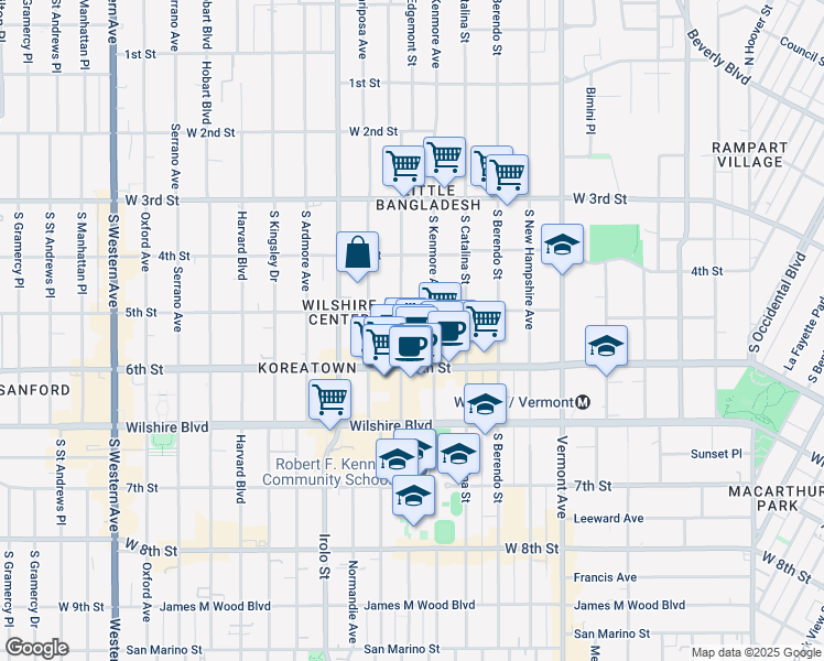 map of restaurants, bars, coffee shops, grocery stores, and more near 510 South Alexandria Avenue in Los Angeles