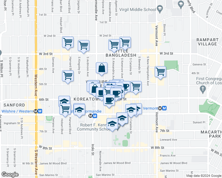 map of restaurants, bars, coffee shops, grocery stores, and more near 510 South Mariposa Avenue in Los Angeles