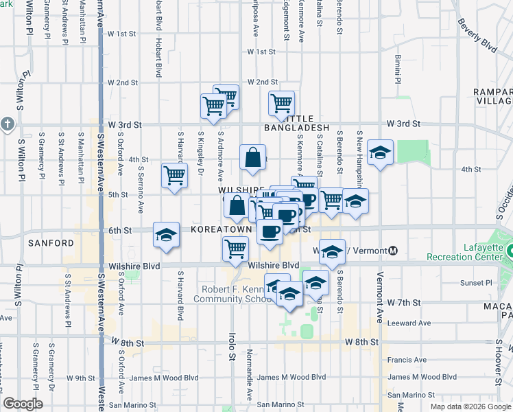 map of restaurants, bars, coffee shops, grocery stores, and more near 510 South Mariposa Avenue in Los Angeles