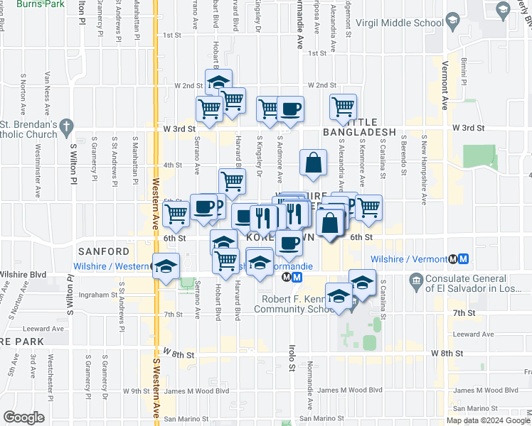 map of restaurants, bars, coffee shops, grocery stores, and more near 525 South Ardmore Avenue in Los Angeles