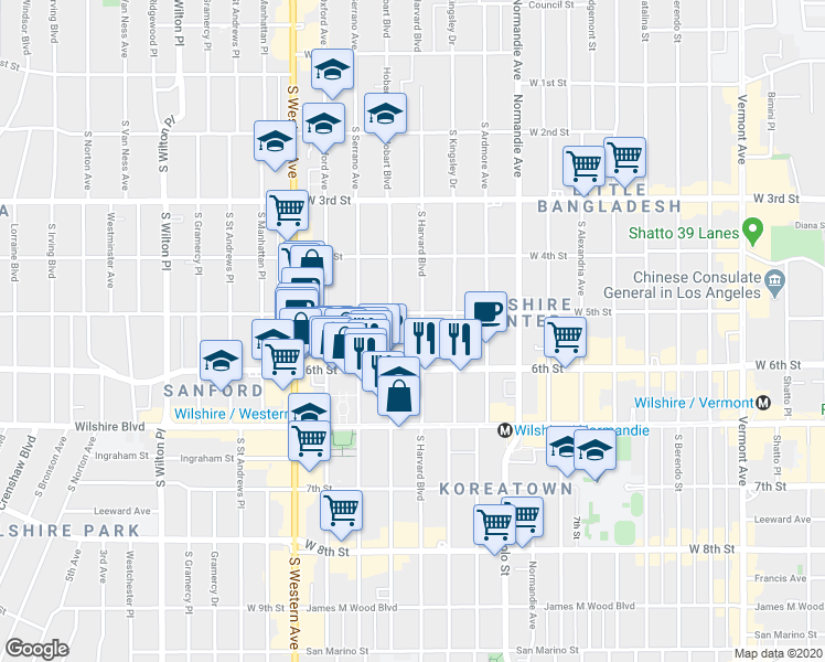 map of restaurants, bars, coffee shops, grocery stores, and more near 508 South Hobart Boulevard in Los Angeles