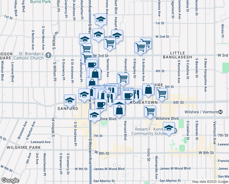 map of restaurants, bars, coffee shops, grocery stores, and more near 508 South Hobart Boulevard in Los Angeles