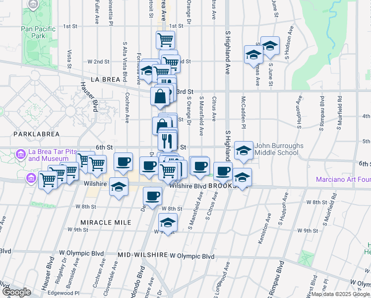 map of restaurants, bars, coffee shops, grocery stores, and more near 466 South Sycamore Avenue in Los Angeles