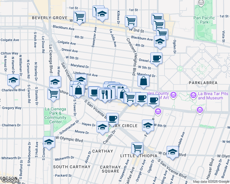 map of restaurants, bars, coffee shops, grocery stores, and more near 622 South La Jolla Avenue in Los Angeles