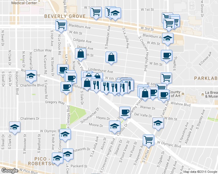 map of restaurants, bars, coffee shops, grocery stores, and more near 6443 Orange Street in Los Angeles