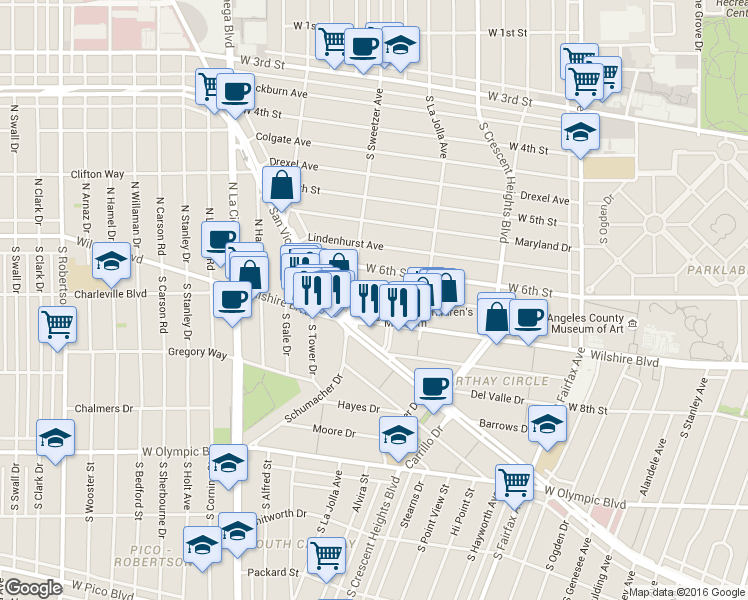 map of restaurants, bars, coffee shops, grocery stores, and more near 6526 Orange Street in Los Angeles