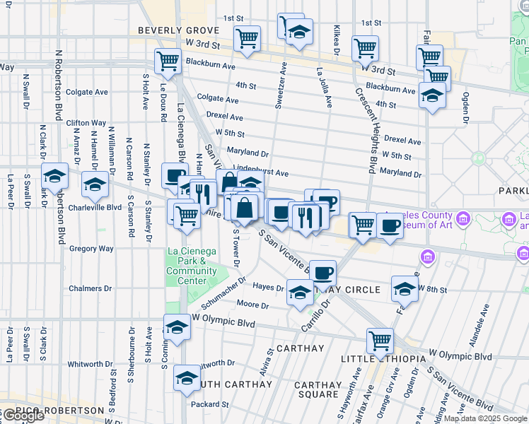 map of restaurants, bars, coffee shops, grocery stores, and more near 6526 Orange Street in Los Angeles