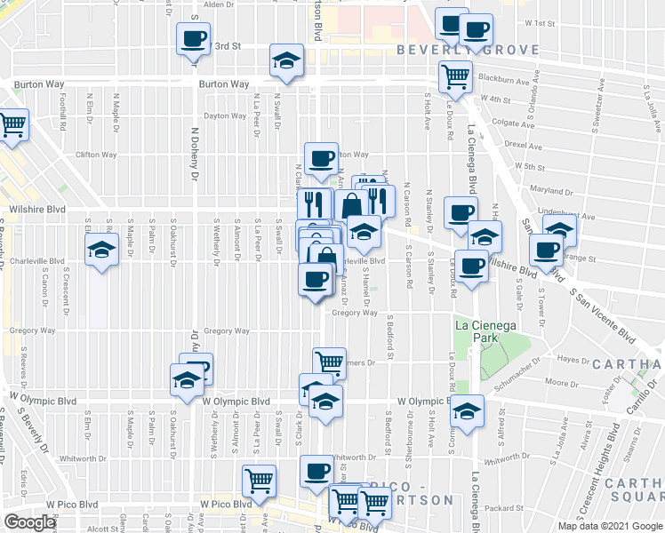 map of restaurants, bars, coffee shops, grocery stores, and more near 8742 Charleville Boulevard in Beverly Hills
