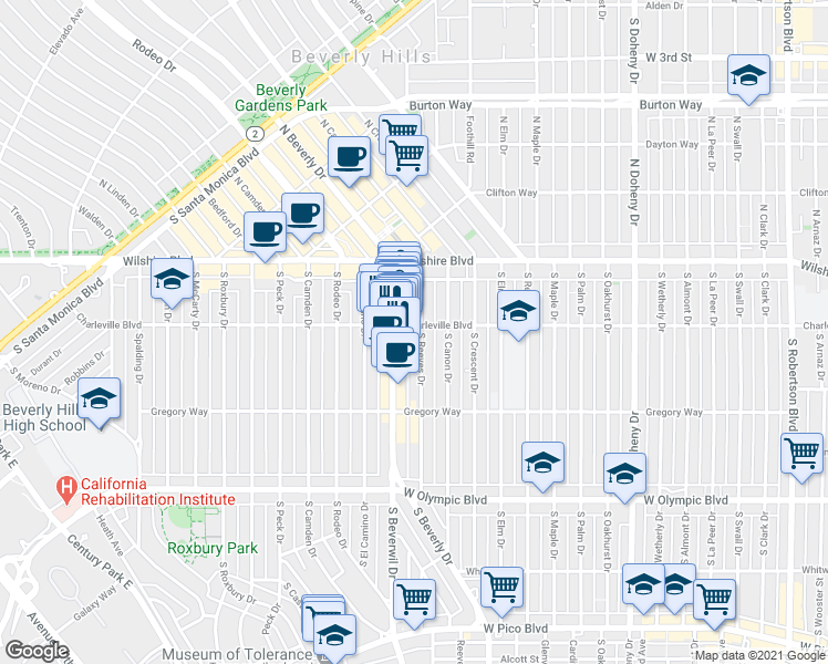 map of restaurants, bars, coffee shops, grocery stores, and more near 9433 Charleville Boulevard in Beverly Hills