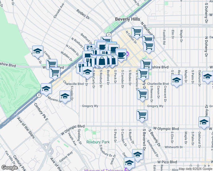 map of restaurants, bars, coffee shops, grocery stores, and more near 162 South Roxbury Drive in Beverly Hills