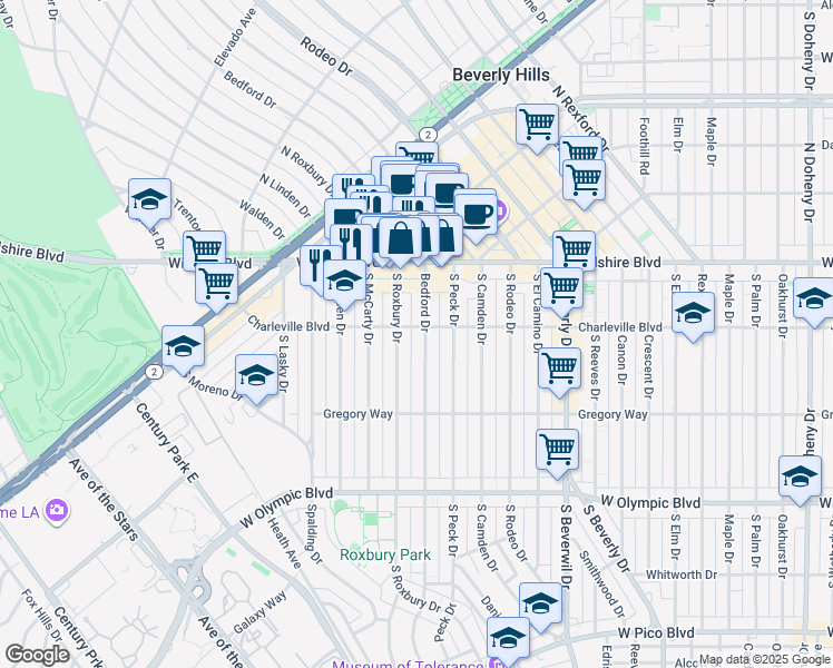 map of restaurants, bars, coffee shops, grocery stores, and more near 162 South Roxbury Drive in Beverly Hills