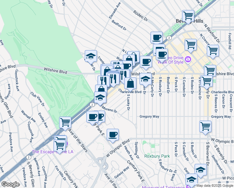 map of restaurants, bars, coffee shops, grocery stores, and more near 9909 Durant Drive in Beverly Hills