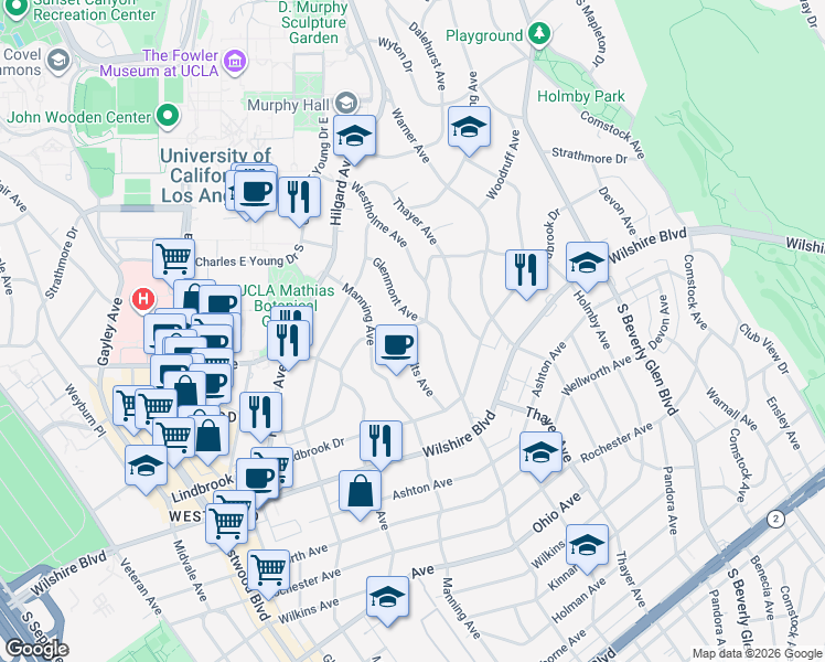 map of restaurants, bars, coffee shops, grocery stores, and more near 10600 Le Conte Avenue in Los Angeles