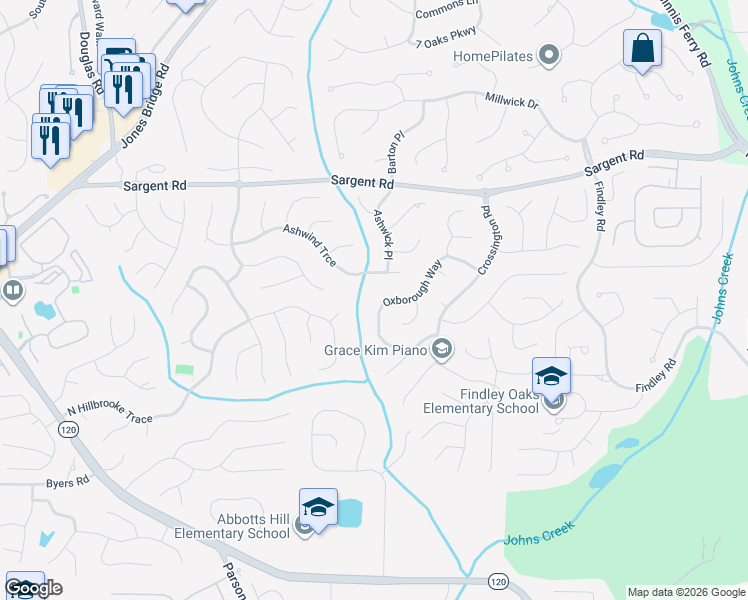 map of restaurants, bars, coffee shops, grocery stores, and more near 5600 Oxborough Way in Alpharetta