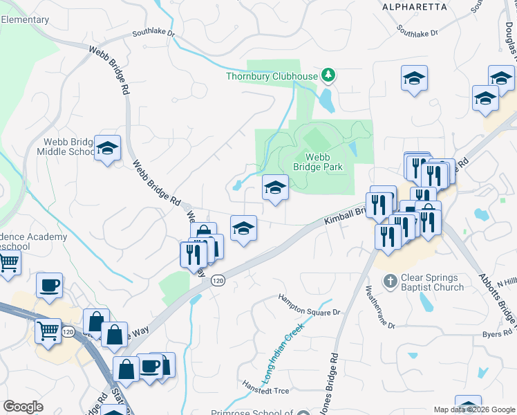 map of restaurants, bars, coffee shops, grocery stores, and more near 4747 Lakeway Place in Alpharetta