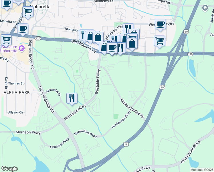map of restaurants, bars, coffee shops, grocery stores, and more near 2620 Kentwood Lane in Alpharetta