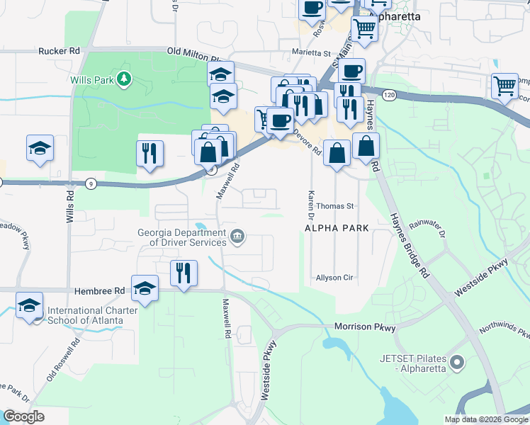 map of restaurants, bars, coffee shops, grocery stores, and more near 1305 Kilmington Court in Alpharetta