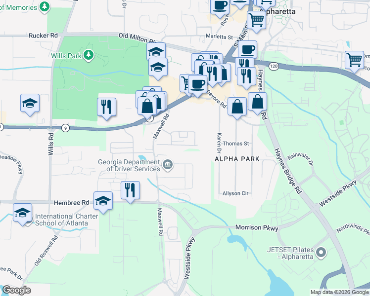 map of restaurants, bars, coffee shops, grocery stores, and more near 1310 Kilmington Court in Alpharetta