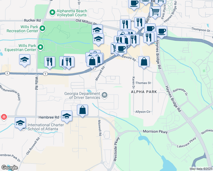 map of restaurants, bars, coffee shops, grocery stores, and more near 1135 Kilmington Court in Alpharetta