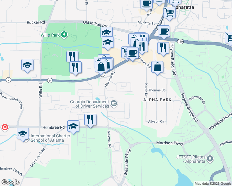map of restaurants, bars, coffee shops, grocery stores, and more near 1125 Kilmington Court in Alpharetta