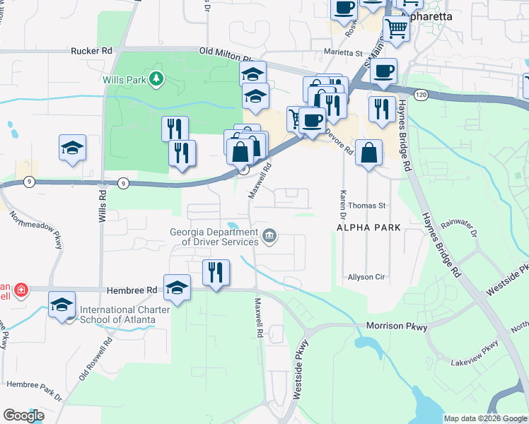 map of restaurants, bars, coffee shops, grocery stores, and more near 1125 Kilmington Court in Alpharetta
